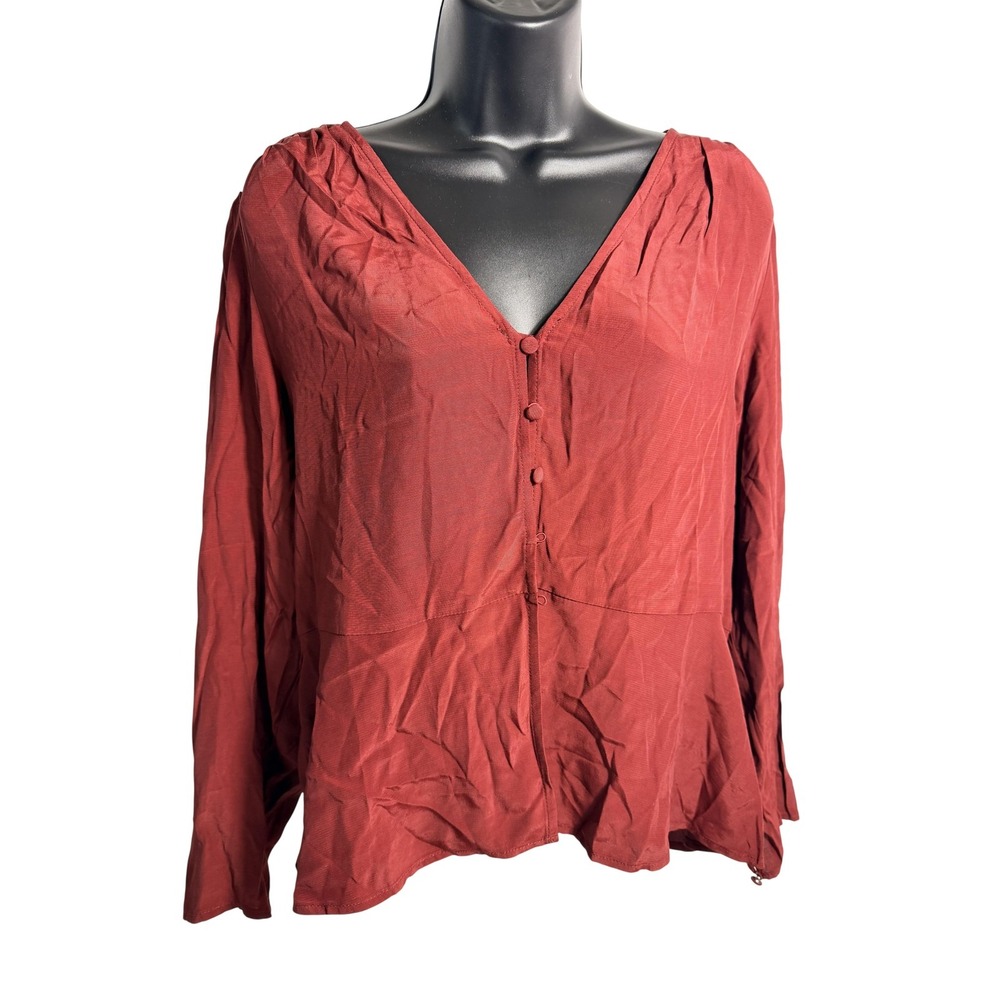 A New Day Blouse‎ Womens Large Red V Neck Long Sleeve Button Front Top Rayon